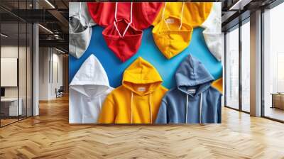 A collection of colorful hoodies lying on a blue surface, great for fashion or lifestyle images Wall mural