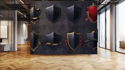 A collection of shields with colorful ribbons on a dark or black background, suitable for use in designs related to unity, diversity, and cultural celebrations Wall mural