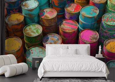 A collection of vibrant metal containers arranged neatly on a surface Wall mural