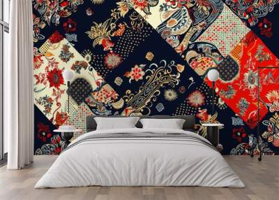 A colorful patchwork quilt featuring a patriotic red, white, and blue design Wall mural