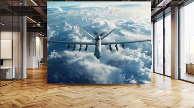 A commercial airliner soaring through the clouds, with a sunny blue sky in the background Wall mural