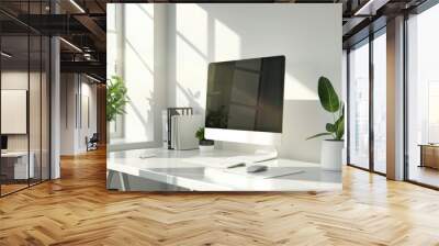 A computer monitor on a white desk, perfect for office or technology concepts Wall mural