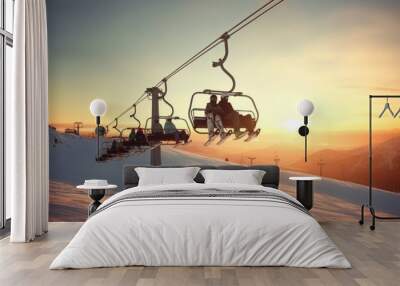 A couple of people enjoying a ride on a ski lift. Suitable for travel and winter sports themes Wall mural