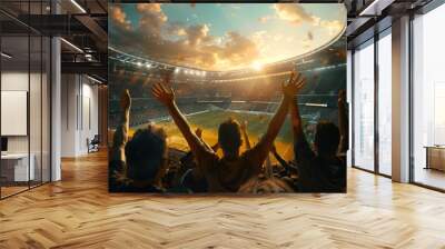 A crowd of people in a sports stadium with their hands raised, likely at an event or concert Wall mural