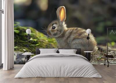 A cute rabbit sitting on the ground, perfect for animal lovers Wall mural