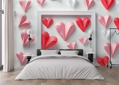 A decorative frame surrounded by paper hearts, perfect for romantic or sentimental uses Wall mural