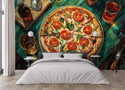 A delicious pizza sitting on a pan, perfect for food concepts Wall mural