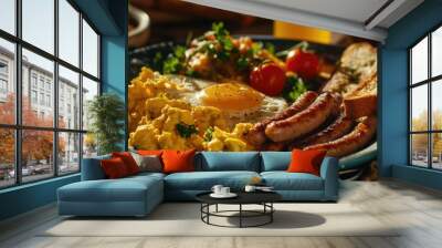 A delicious plate of breakfast with eggs, sausage, and toast. Perfect for a hearty morning meal Wall mural