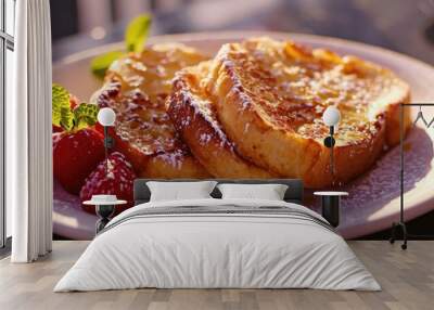 A delicious plate of French toast topped with juicy strawberries. Perfect for breakfast or brunch Wall mural