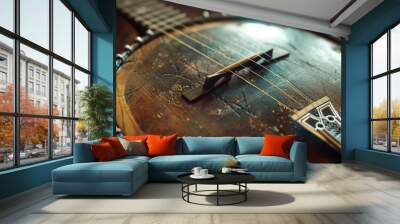 A detailed view of a banjo resting on a table. Versatile image suitable for music-related projects Wall mural