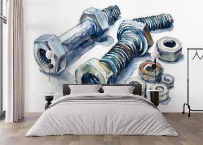 A detailed watercolor painting of a screw and nuts. Ideal for industrial design projects Wall mural