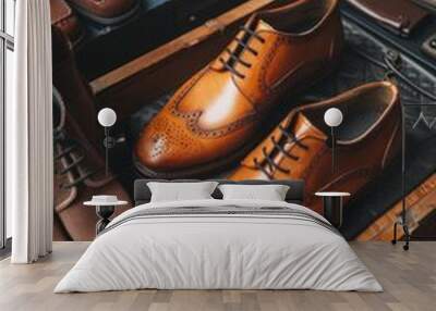 A display of men's shoes in a shoe store. Ideal for fashion and retail concepts Wall mural