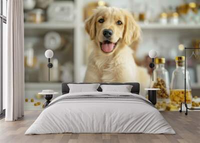 A dog enjoying a meal on a table Wall mural