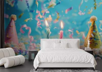 A festive birthday cake with lit candles, perfect for celebrating special occasions Wall mural