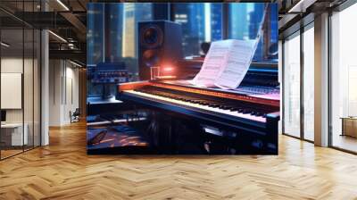 A fully equipped music studio featuring a piano, keyboard, and speakers. Ideal for music production, recording, and composing Wall mural