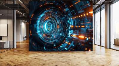 A futuristic tunnel with vibrant blue and orange lights. Perfect for technology or transportation concepts Wall mural