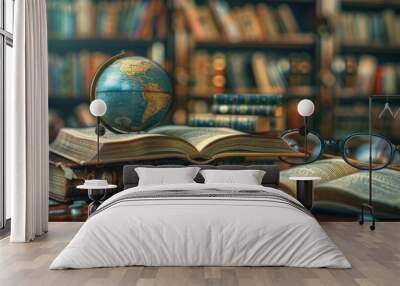 A globe sits atop a stack of books, perfect for education or decoration Wall mural