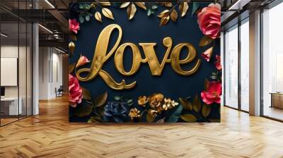 A gold love sign surrounded by flowers and leaves. Perfect for wedding or romantic themed designs Wall mural