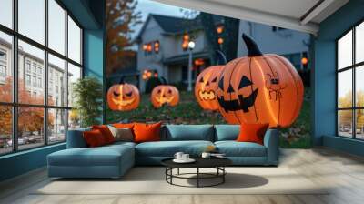 A group of jack o lantern pumpkins placed in front of a house, perfect for autumn or Halloween themes Wall mural