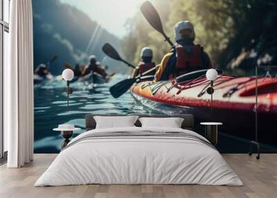 A group of people are pictured paddling down a river in kayaks. This image can be used to depict outdoor recreational activities and team adventures. Wall mural