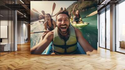 A group of people enjoying a ride on top of a boat. This image can be used to depict leisure, adventure, and team activities. Wall mural