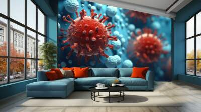 A group of red and blue corona cells. Suitable for medical and scientific concepts Wall mural