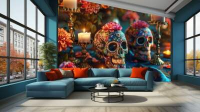 A group of skulls sit atop a table, perfect for use in decorations or as a symbol Wall mural