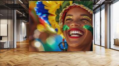 A happy woman wearing a vibrant headdress posing for the camera Wall mural