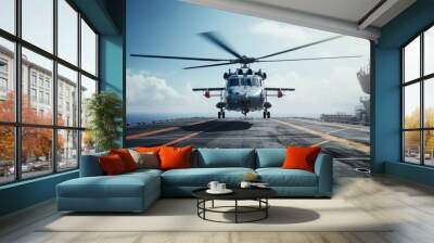 A helicopter is sitting on top of a ship. This image can be used to depict transportation, maritime operations, or aerial support. Wall mural