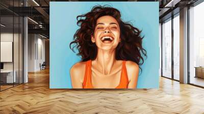 A joyful woman with eyes closed, laughing happily. Suitable for lifestyle and happiness concepts Wall mural