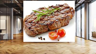 A juicy piece of steak served with fresh tomatoes on a white plate Wall mural