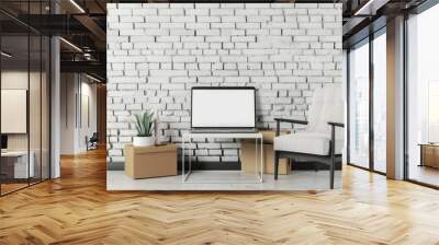 A laptop computer sits on a desk next to a chair, suitable for office or study settings Wall mural