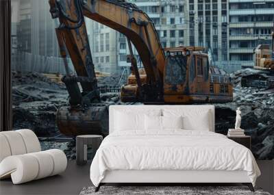 A large excavator sits atop a pile of rubble, ready for construction or demolition work Wall mural