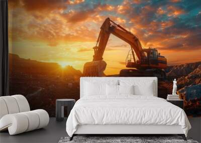 A large excavator sitting on top of a pile of dirt. Suitable for construction and industrial concepts Wall mural