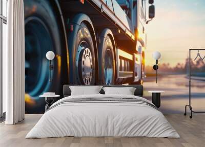 A large truck driving down a road at sunset. Suitable for transportation or travel-related projects Wall mural