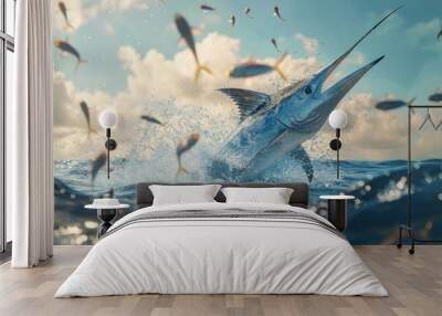 A majestic blue marlin fish leaping out of the water, perfect for aquatic themed designs Wall mural