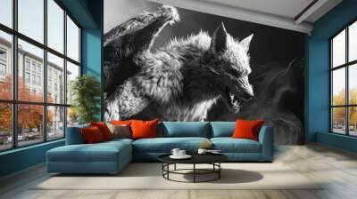 A majestic wolf with wings in a striking black and white photo. Perfect for mystical and fantasy themes Wall mural