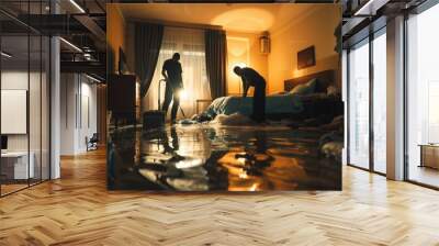 A man and woman are cleaning a flooded room. This image can be used to depict cleaning after a water damage incident or during a home renovation project Wall mural