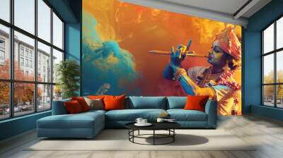 A man dressed in a colorful costume plays the flute, great for music or fantasy themed projects Wall mural