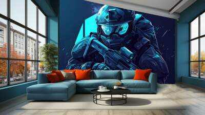 A man holding a gun and wearing a helmet, suitable for military or security concepts Wall mural