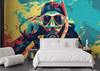 A man in a diving suit and goggles. Suitable for underwater adventure themes Wall mural