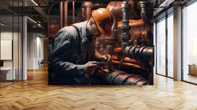 A man in a hard hat is seen diligently working on pipes. This image can be used to showcase construction, plumbing, or maintenance work in various industries. Wall mural