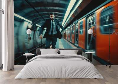 A man in a suit running down a train track. Suitable for business concept Wall mural