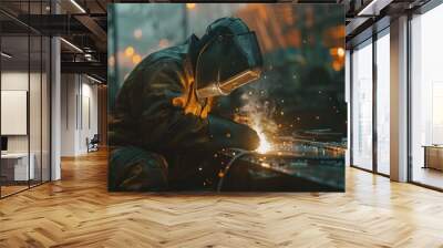 A man in a welding mask working on a piece of metal. Suitable for industrial and construction themes Wall mural