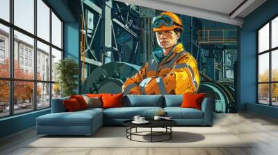 A man in an orange jacket and goggles standing in a factory. Suitable for industrial concepts Wall mural