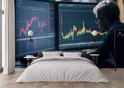 A man is seen sitting in front of two computer monitors, focused on his work. This image can be used to depict a professional working on multiple tasks or a person engaged in technology-related activi Wall mural