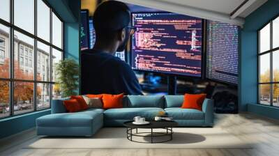 A man sitting at a desk in front of two computer monitors. Ideal for illustrating modern office work environments Wall mural