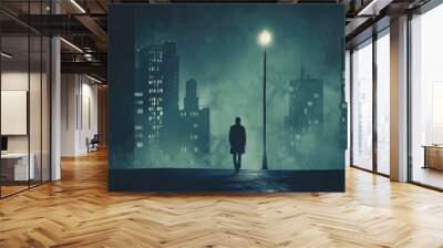 A man standing in the middle of a city at night. Suitable for urban lifestyle concepts Wall mural