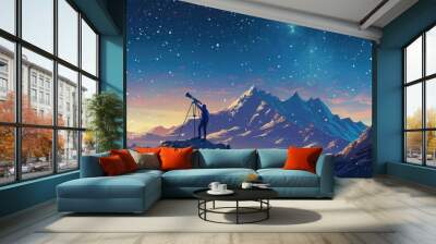 A man standing on top of a mountain holding a telescope. Suitable for travel and exploration concepts Wall mural