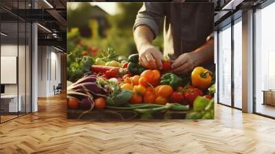 A man standing over a table filled with various vegetables. Great for food or cooking concepts Wall mural